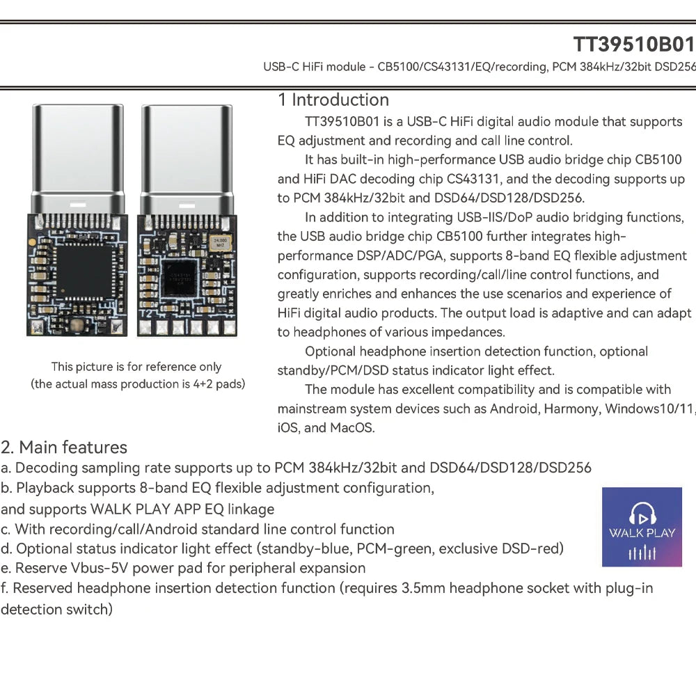 USB-C HiFi Digital Audio Module Amp Dongle Headphone DAC Sound amplifier CB5100 & CS43131 Chips, 384kHz/32bit DSD256